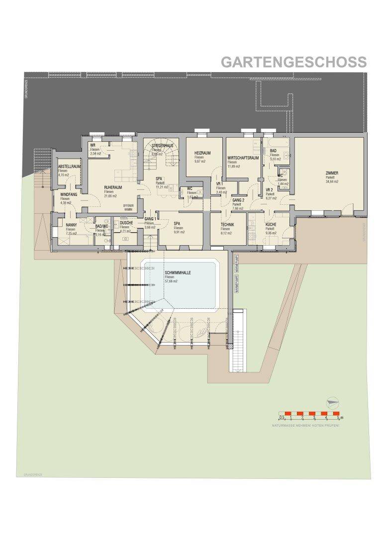 Grundriss des Gartengeschosses mit Wellnessbereich, Innenpool, Bädern und mehreren Zimmern.