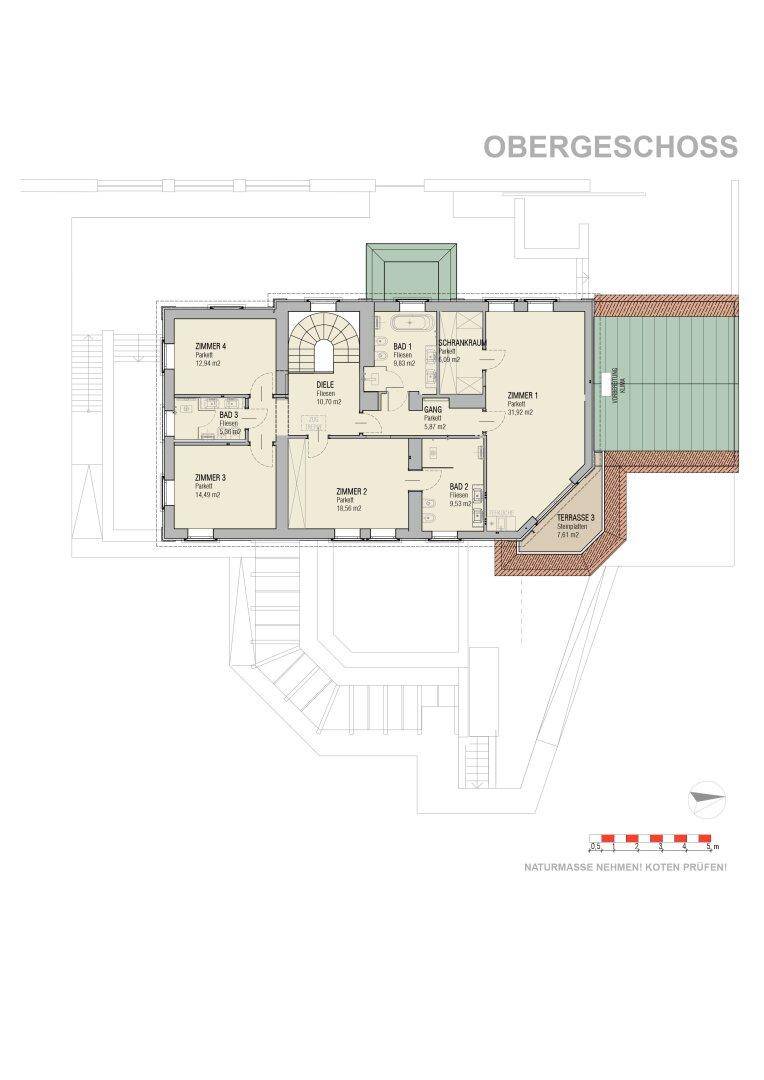Grundriss des Obergeschosses mit vier Schlafzimmern, drei Bädern und einer großen Terrasse.