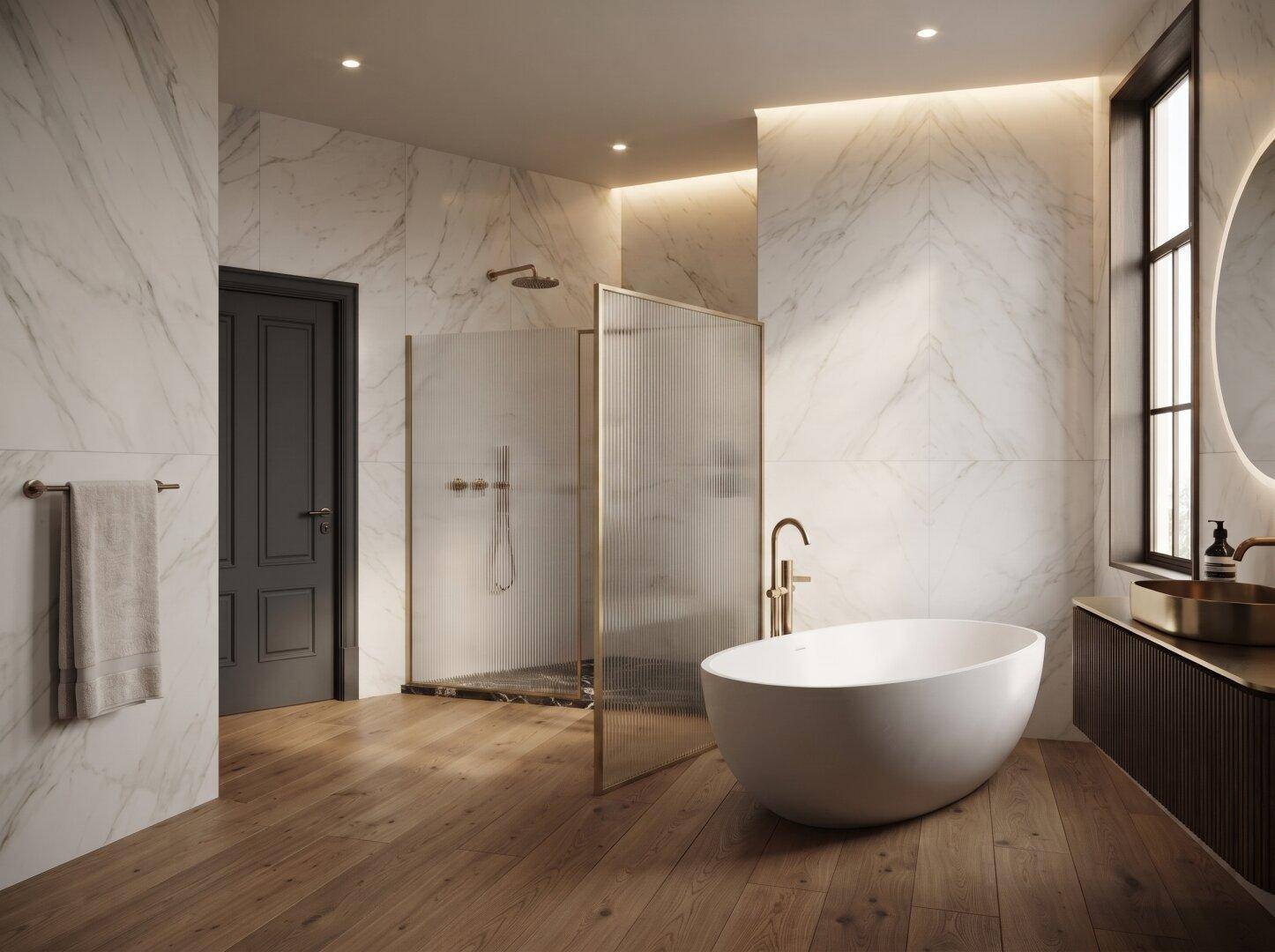 Luxuriöses Badezimmer mit freistehender Badewanne, begehbarer Dusche und Marmorfliesen.