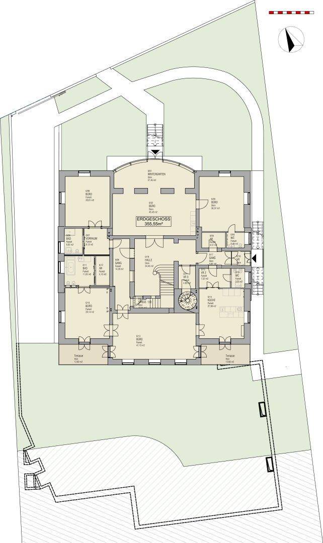 Grundriss des Erdgeschosses mit mehreren Räumen, Treppenhaus und Zugang zum Gartenbereich.