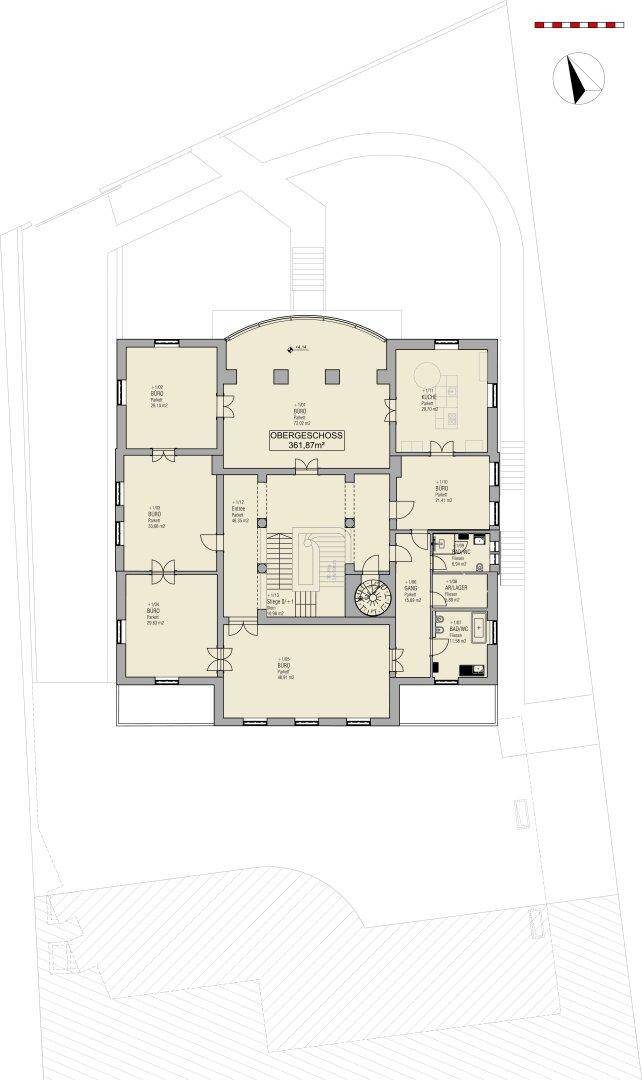 Grundriss des Obergeschosses mit Schlafzimmern, Bädern und einem zentralen Treppenaufgang.