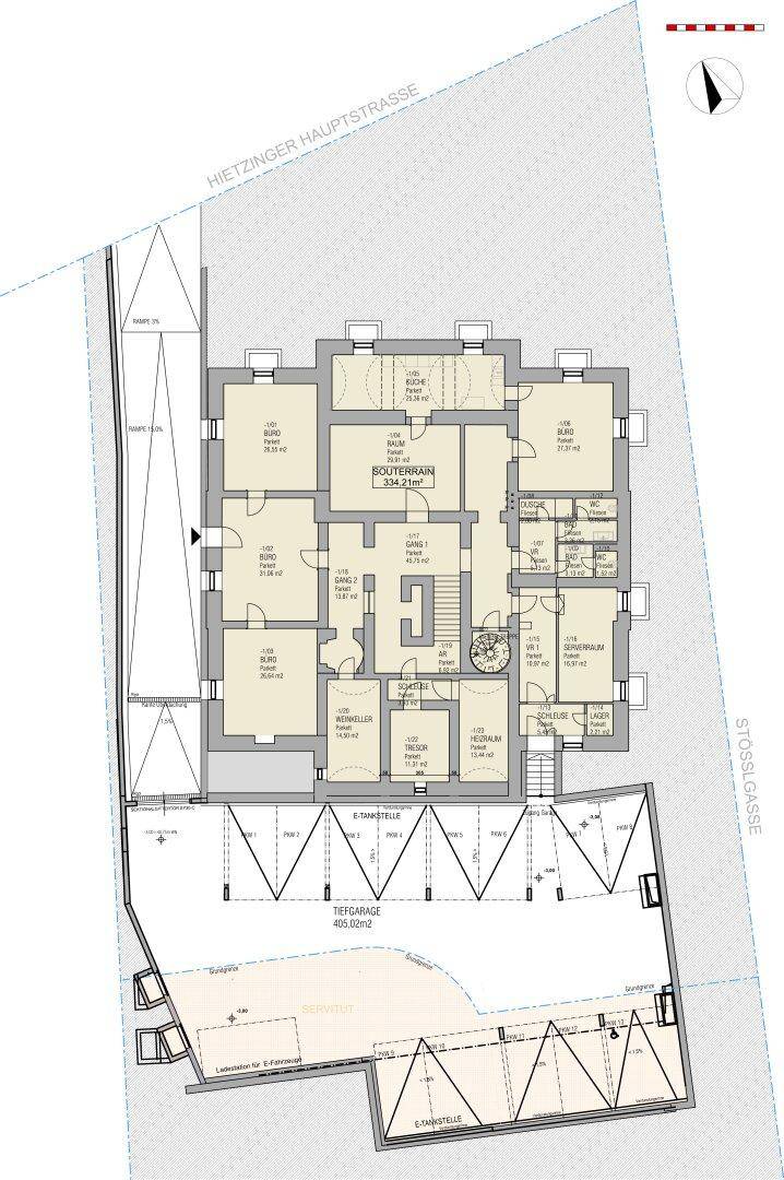 Grundriss des Souterrains und der Tiefgarage mit Stellplätzen und Kellerräumen.
