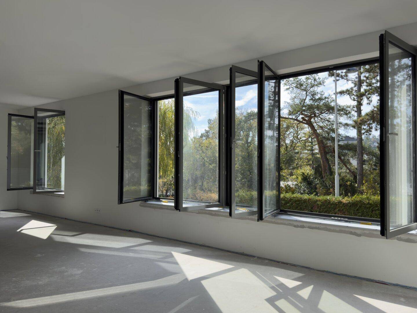 Ein heller, unmöblierter Raum mit einer Reihe großer Fenster, die viel Tageslicht hereinlassen.