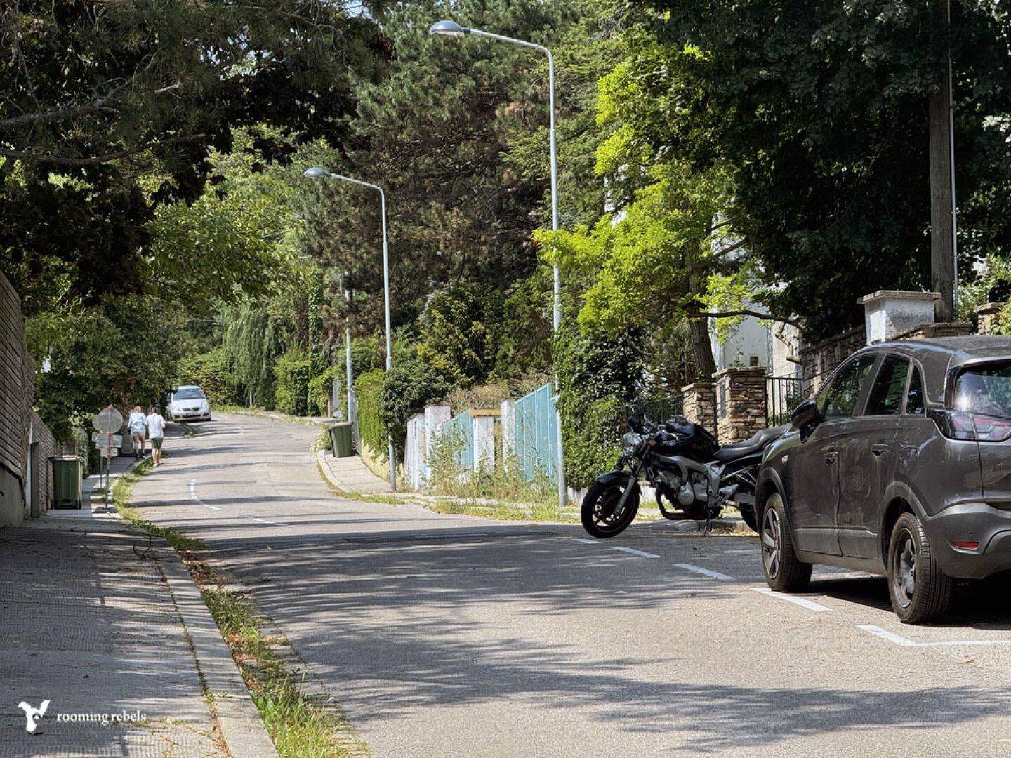 Eine ruhige Wohnstraße mit Bäumen, geparkten Autos und einem Motorrad am Straßenrand.