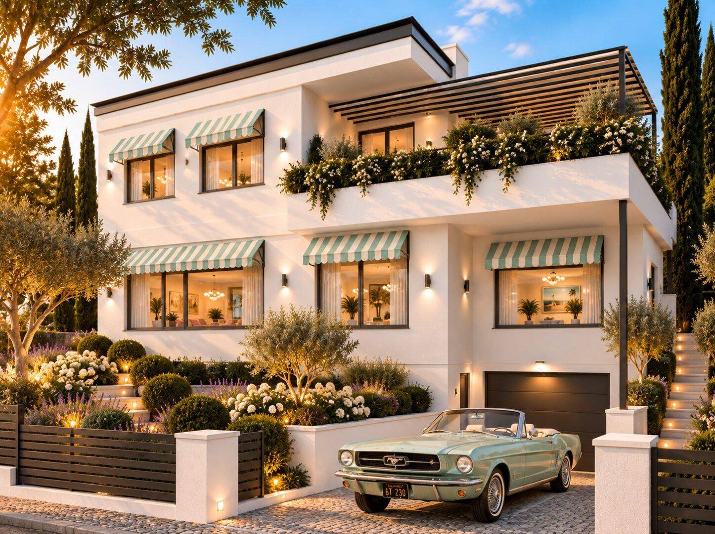 Eine luxuriöse moderne Villa mit gepflegtem Garten, Markisen und einem Oldtimer davor.