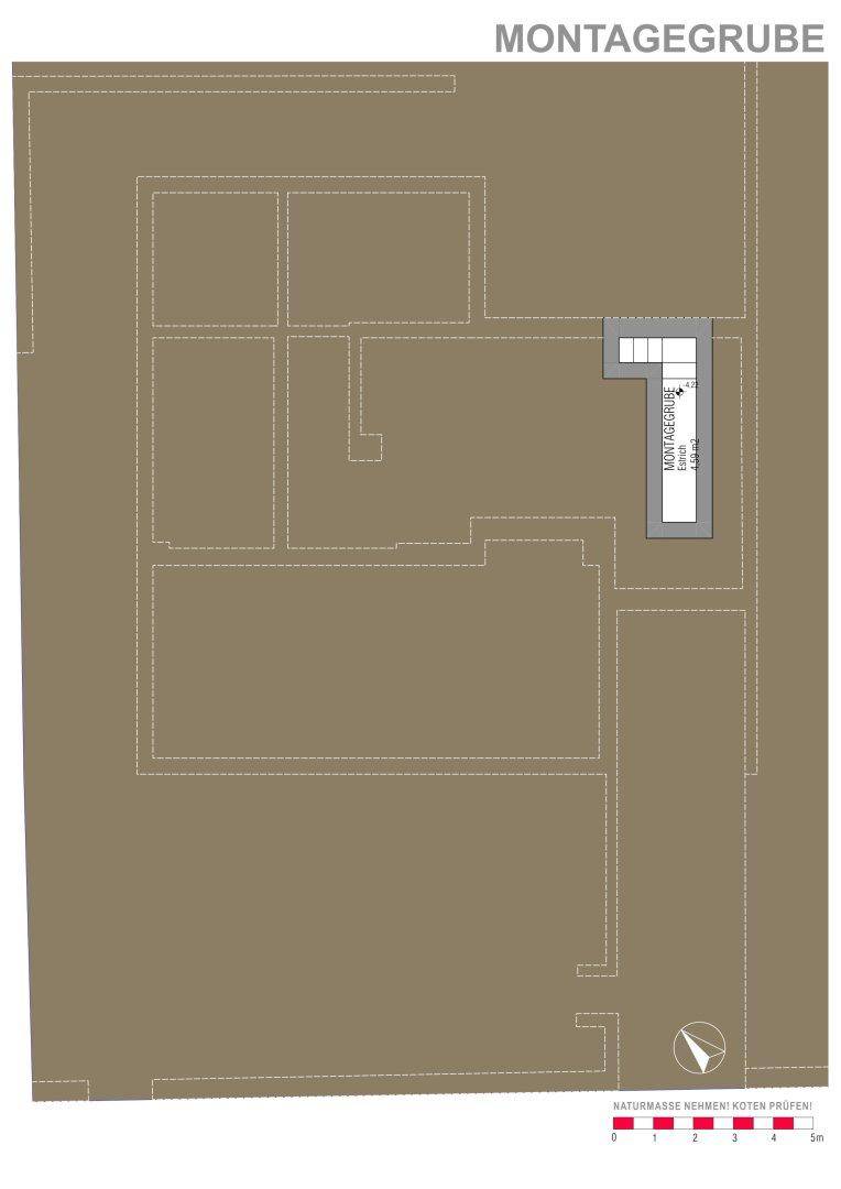 Grundriss der Montagegrube mit detaillierter Darstellung der Untergeschosse.