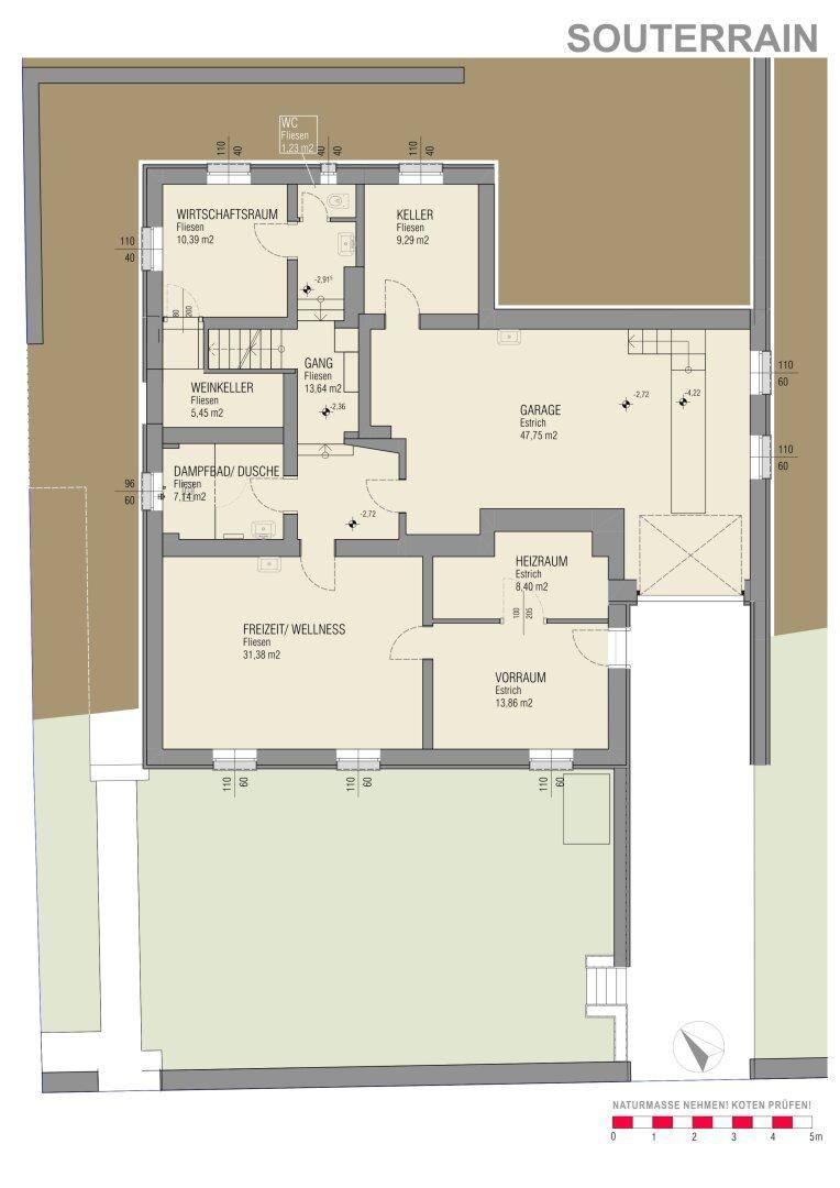 Grundriss des Souterrains mit Garage, Heizraum, Weinkeller und Freizeit-/Wellnessbereich.