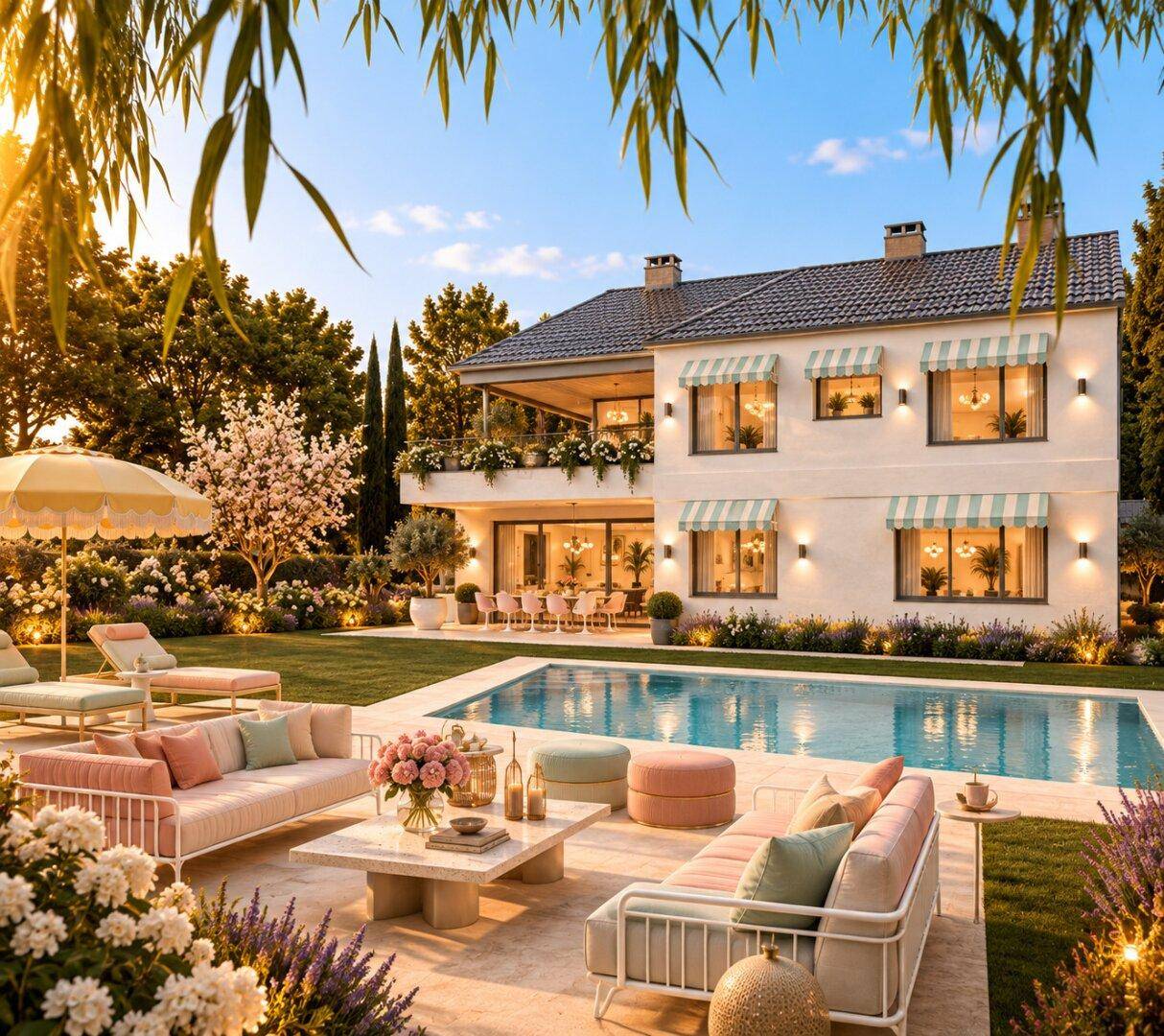 Eine luxuriöse Villa mit großem Pool, weitläufigem Garten und mehreren Sitzbereichen im Freien.