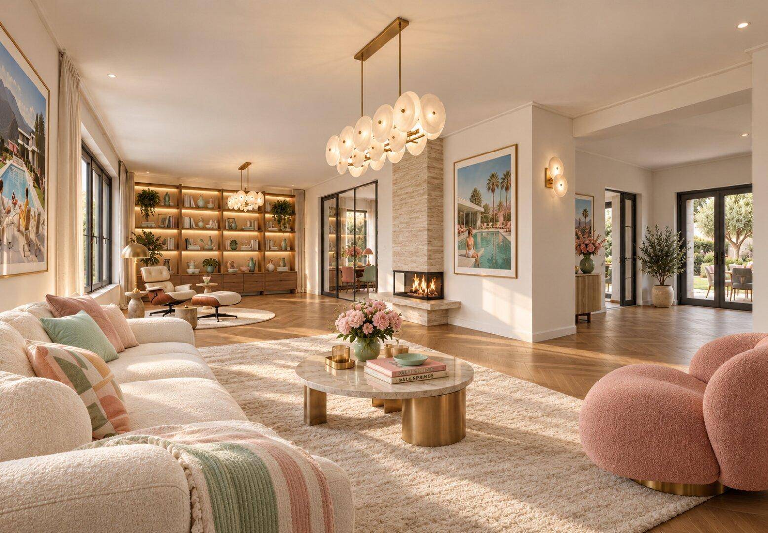 Ein luxuriöses Wohnzimmer mit Kamin, Parkettboden und moderner Einrichtung in hellen Farben.