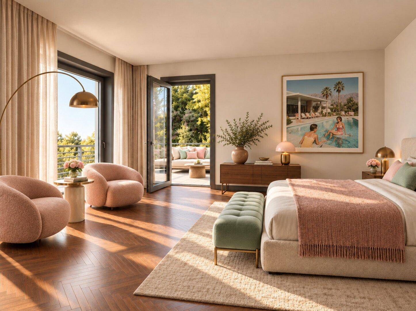 Ein helles Schlafzimmer mit Holzboden, Zugang zur Terrasse und moderner Einrichtung.
