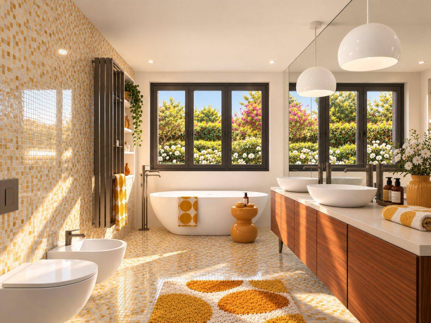 Ein modernes Badezimmer mit freistehender Badewanne, Doppelwaschbecken und Mosaikfliesen.