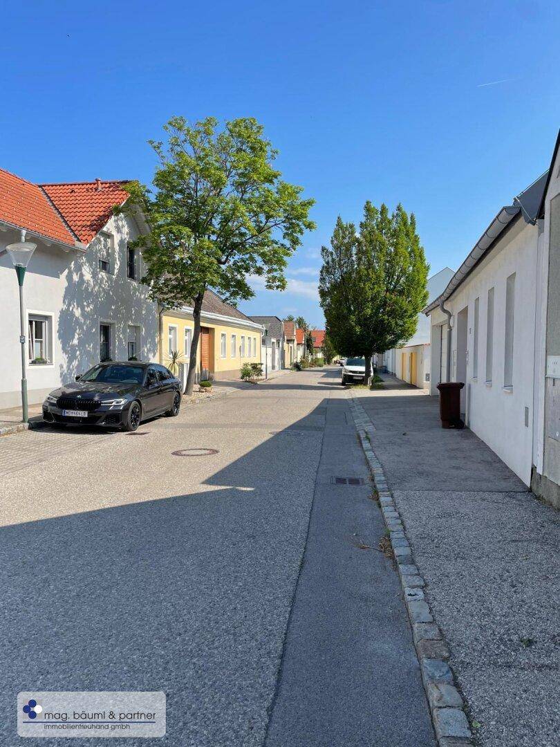 Ruhige Wohnstraße mit geparkten Autos, Bäumen und traditionellen Häusern.