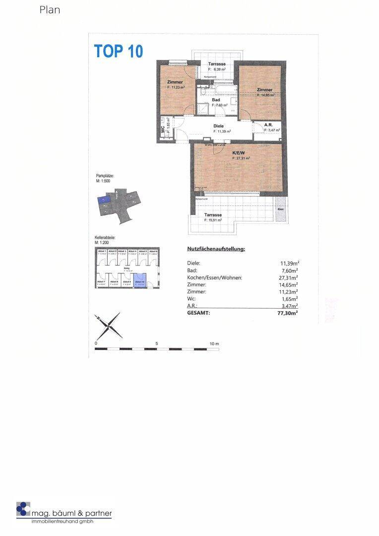 Detaillierter Grundriss der Wohnung Top 10 mit Raumaufteilung und Terrassenbereichen.