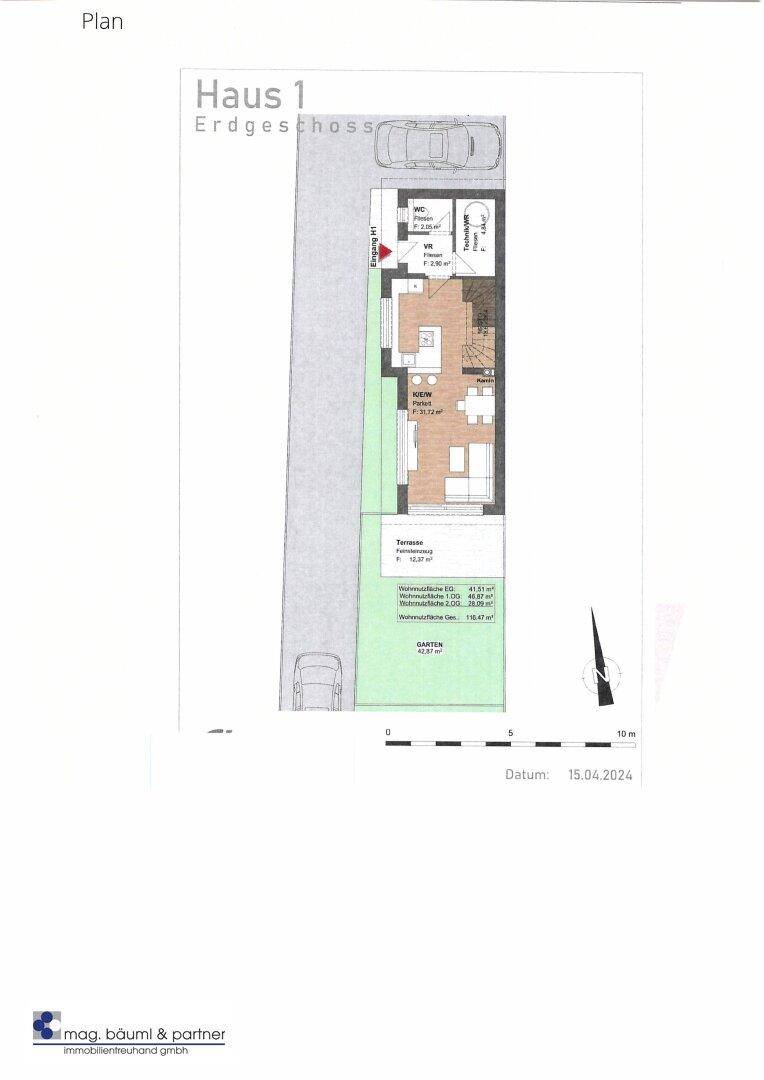 Grundriss des Erdgeschosses von Haus 1 mit Garten, Terrasse und offenem Wohnbereich.