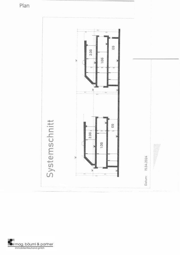Architektonischer Systemschnitt zeigt die vertikale Struktur der Gebäude über mehrere Etagen.
