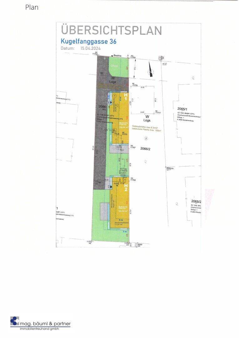 Übersichtsplan des Grundstücks Kugelfanggasse 36 mit angrenzenden Parzellen und Straße.
