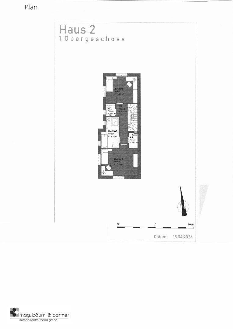 Grundriss des ersten Obergeschosses von Haus 2 mit Schlafzimmern und Badezimmer.