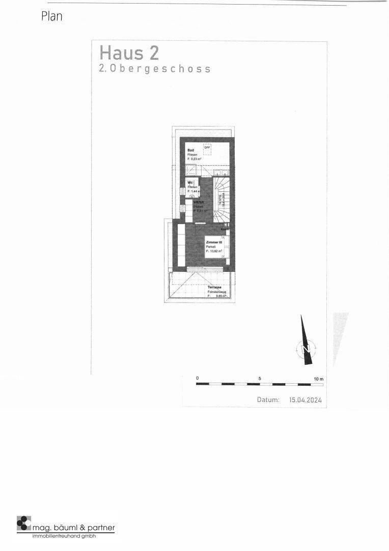 Grundriss des zweiten Obergeschosses von Haus 2 mit Schlafzimmer, Bad und Dachterrasse.
