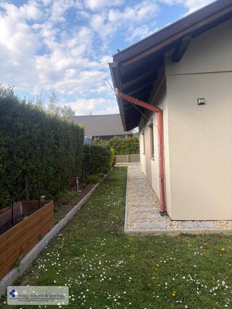 Seitenansicht des Hauses mit gepflegtem Rasen, Hecke und einem Steinweg.
