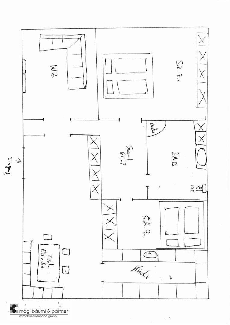 Handgezeichneter Grundriss des Hauses mit Wohnzimmer, Schlafzimmern und Bad.