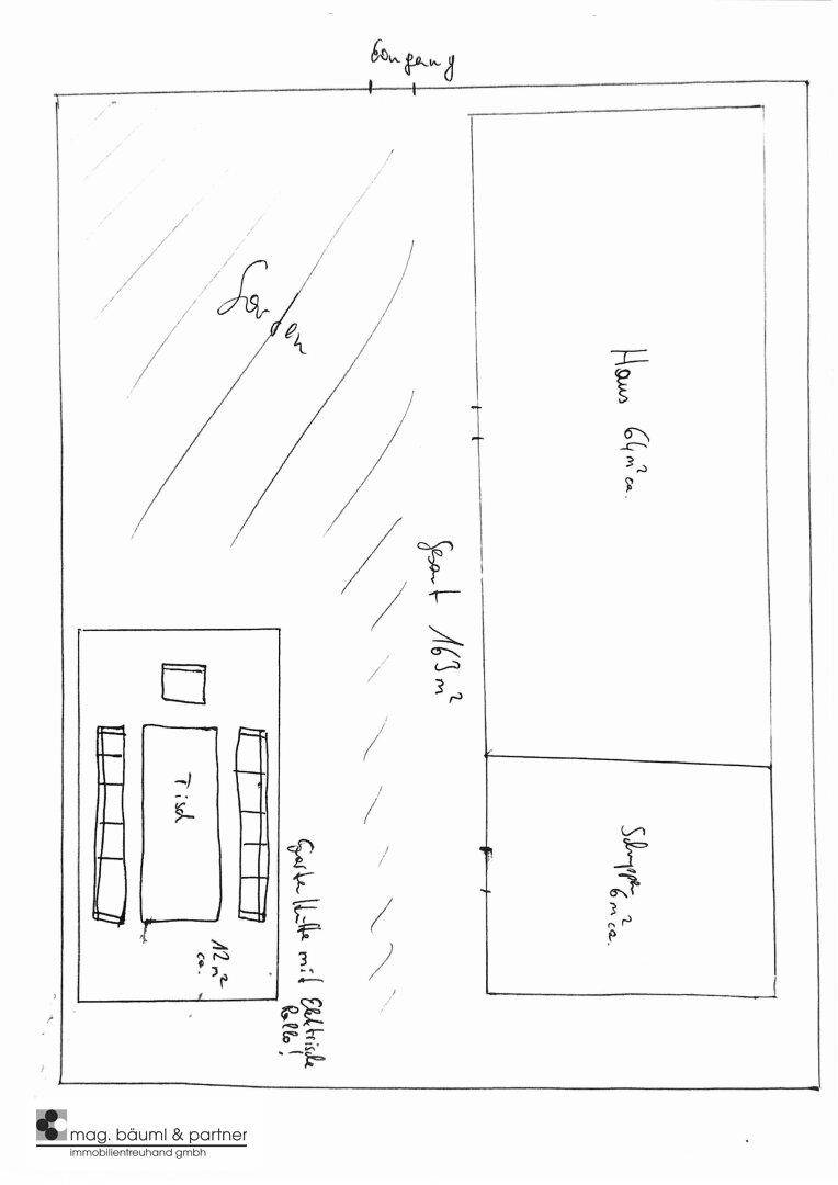 Handgezeichneter Lageplan des Grundstücks mit Haus, Garten und Gartenhütte.