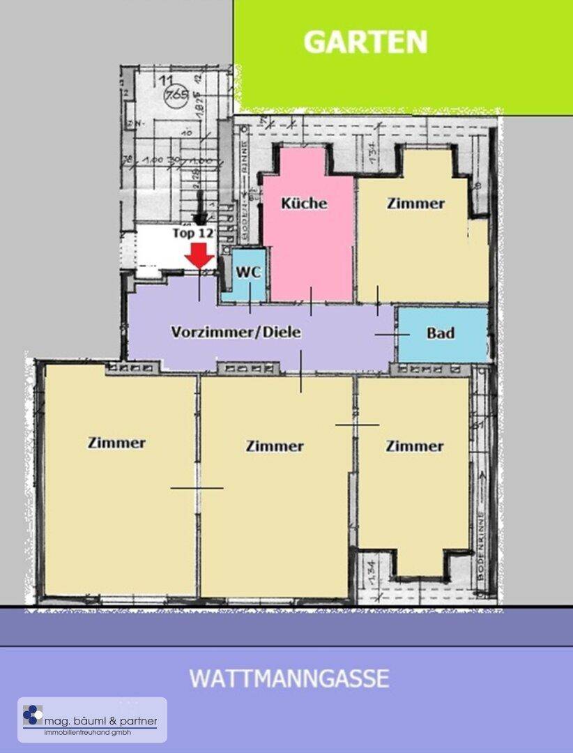 Grundriss der Wohnung Top 12 mit mehreren Zimmern, Küche und Bad.