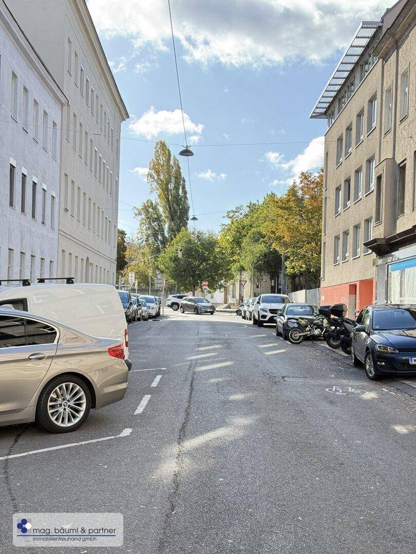 Stadtstraße mit parkenden Fahrzeugen, Bäumen und Gebäuden unter sonnigem Himmel.