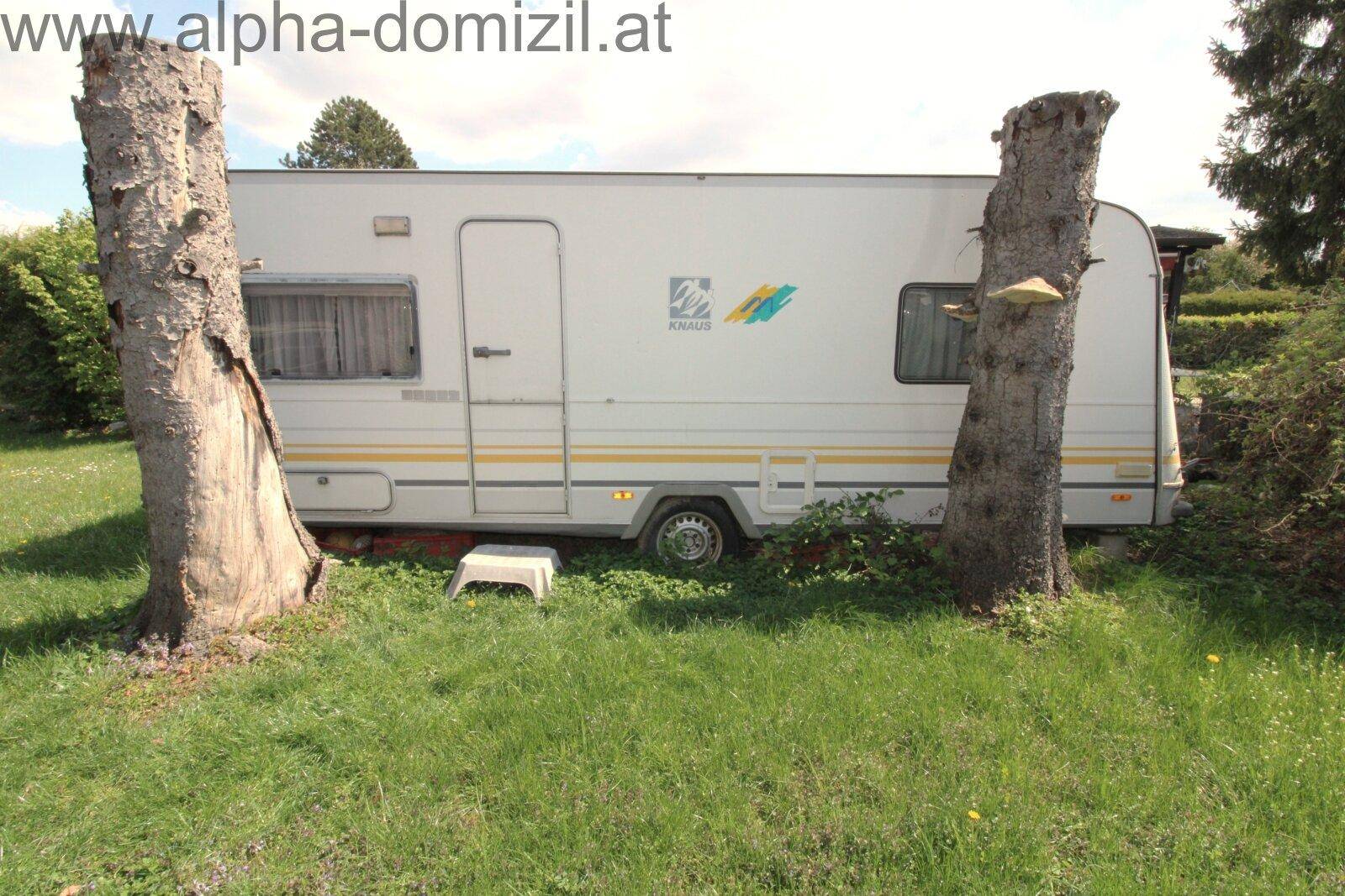 Weißer Wohnwagen steht auf einer Rasenfläche zwischen zwei Baumstümpfen im Garten.