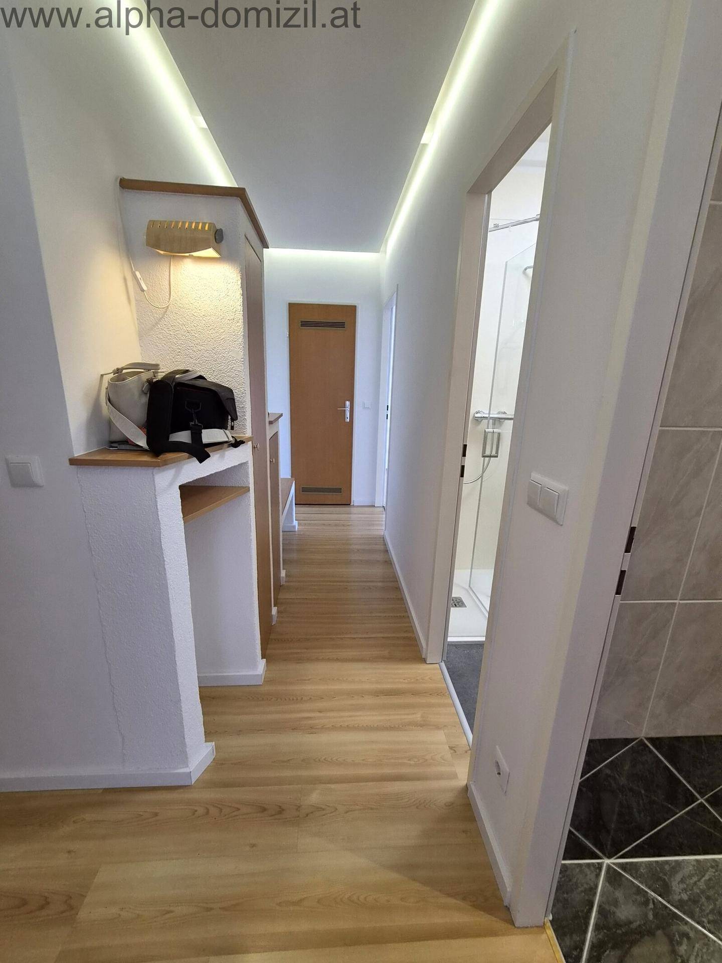 Heller Flur mit Laminatboden und integrierter Beleuchtung, der zu weiteren Räumen führt.