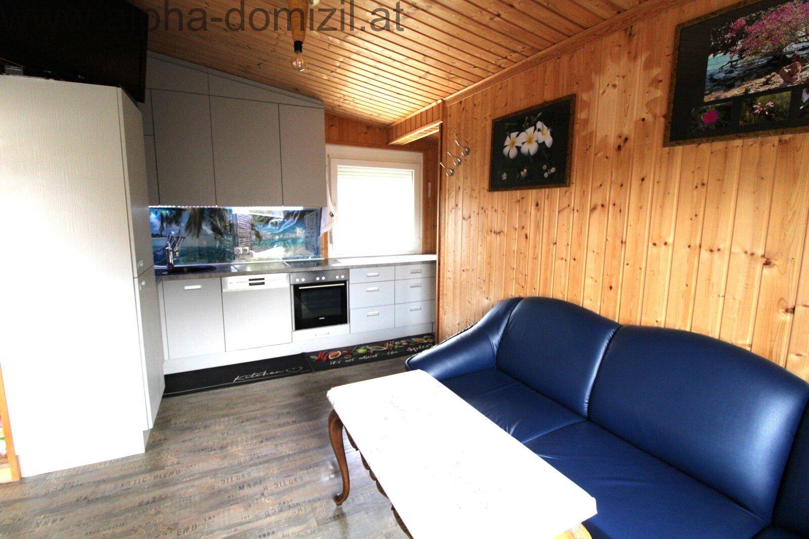 Wohnbereich mit Holzverkleidung, blauem Sofa und integrierter moderner Küchenzeile.