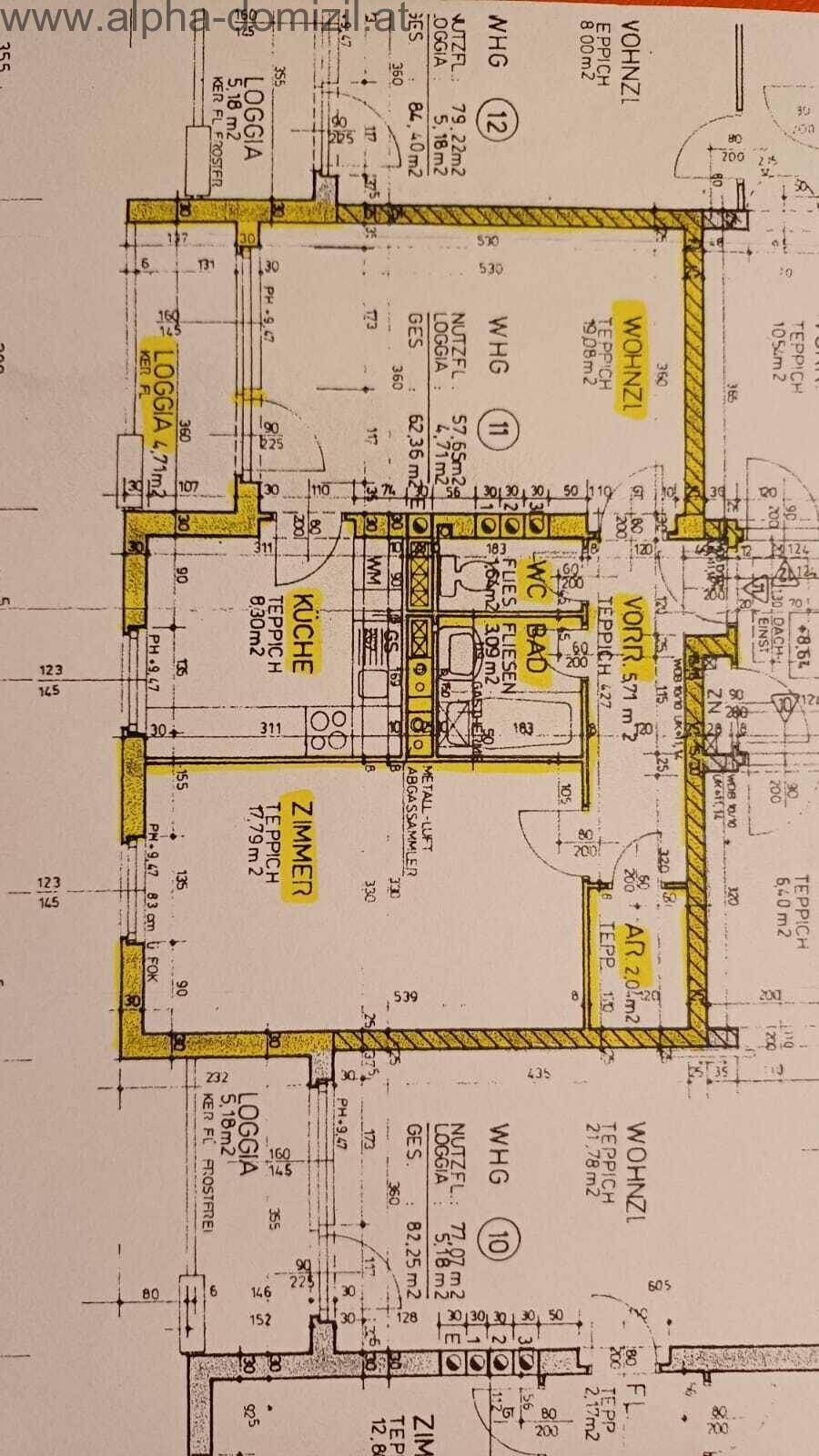 Grundrissplan einer Wohnung mit mehreren Zimmern, Loggien und Nasszellen, übersichtlich dargestellt.