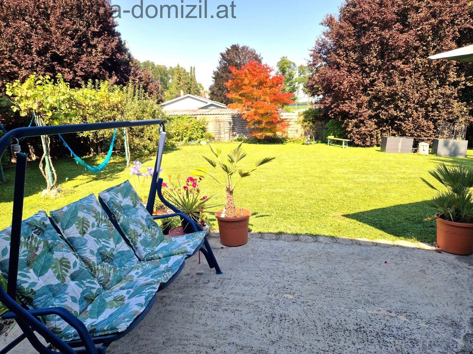 Sonniger Gartenbereich mit einer Gartenschaukel, weitläufigem Rasen und bunten Bäumen im Herbstlaub.