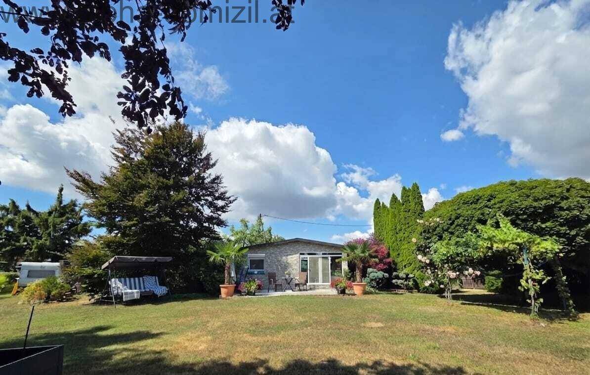 Weitläufiger Garten mit üppigem Grün, großen Bäumen und einer Schaukel, das Haus im Hintergrund.