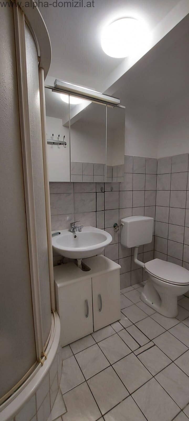 Kleines Badezimmer mit Duschkabine, WC, Waschbecken und Spiegelschrank.