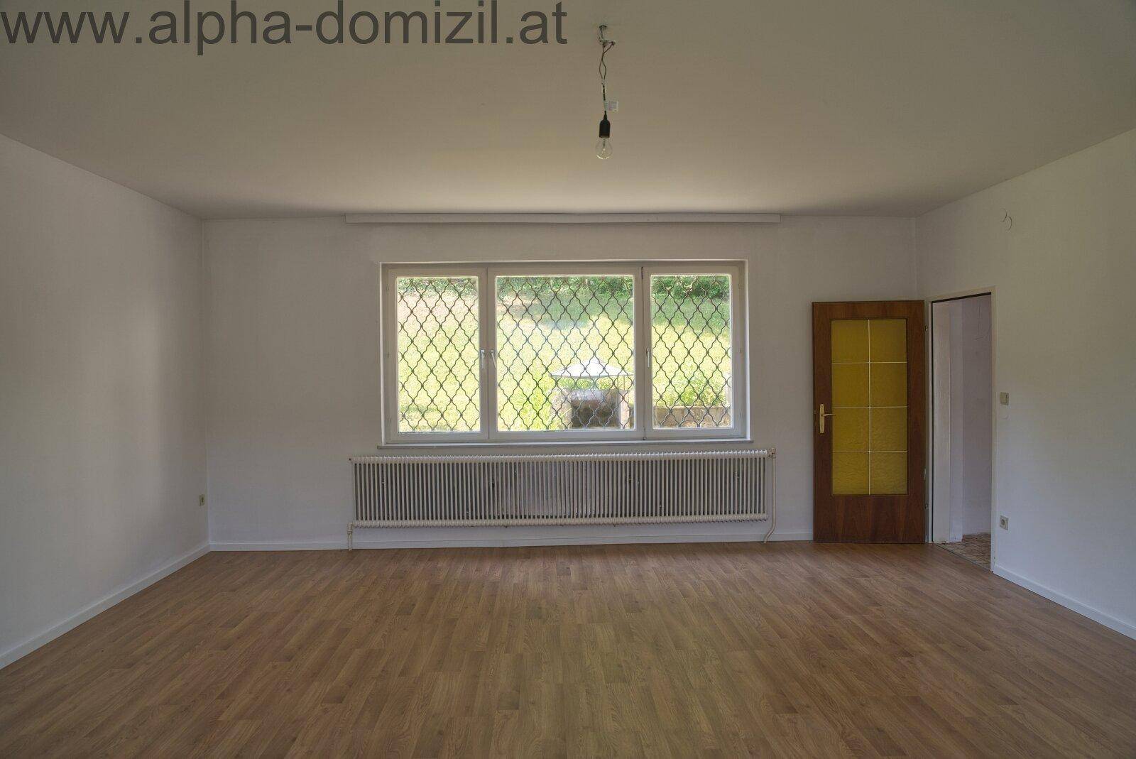 Helles, leeres Wohnzimmer mit Laminatboden, großem Fenster und Heizkörper unterhalb.