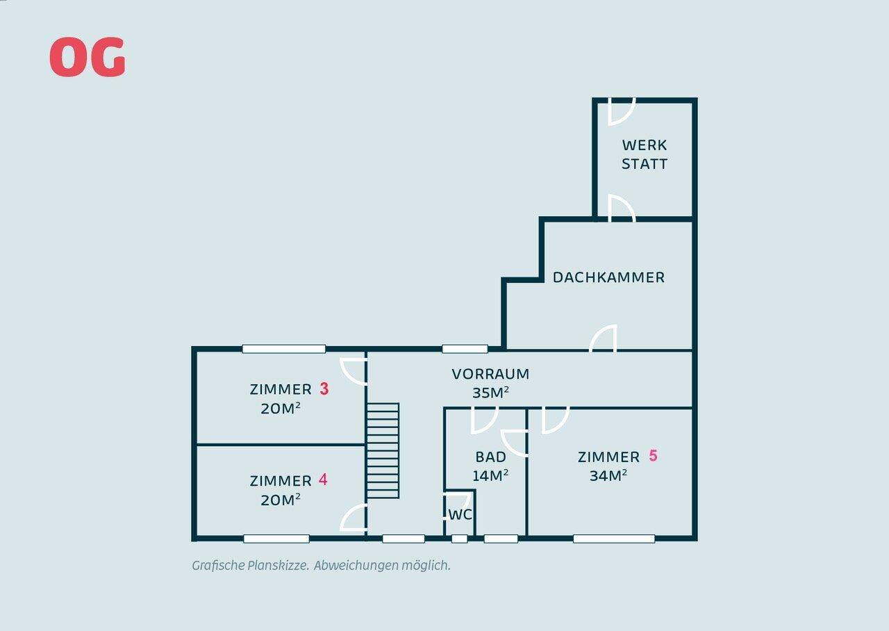 Grundriss des Obergeschosses mit mehreren Zimmern, Bad, WC und Dachkammer.
