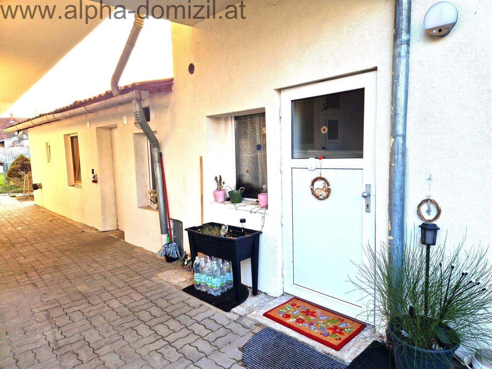 Eingangsbereich des Hauses mit gepflastertem Weg und einfacher Haustür.