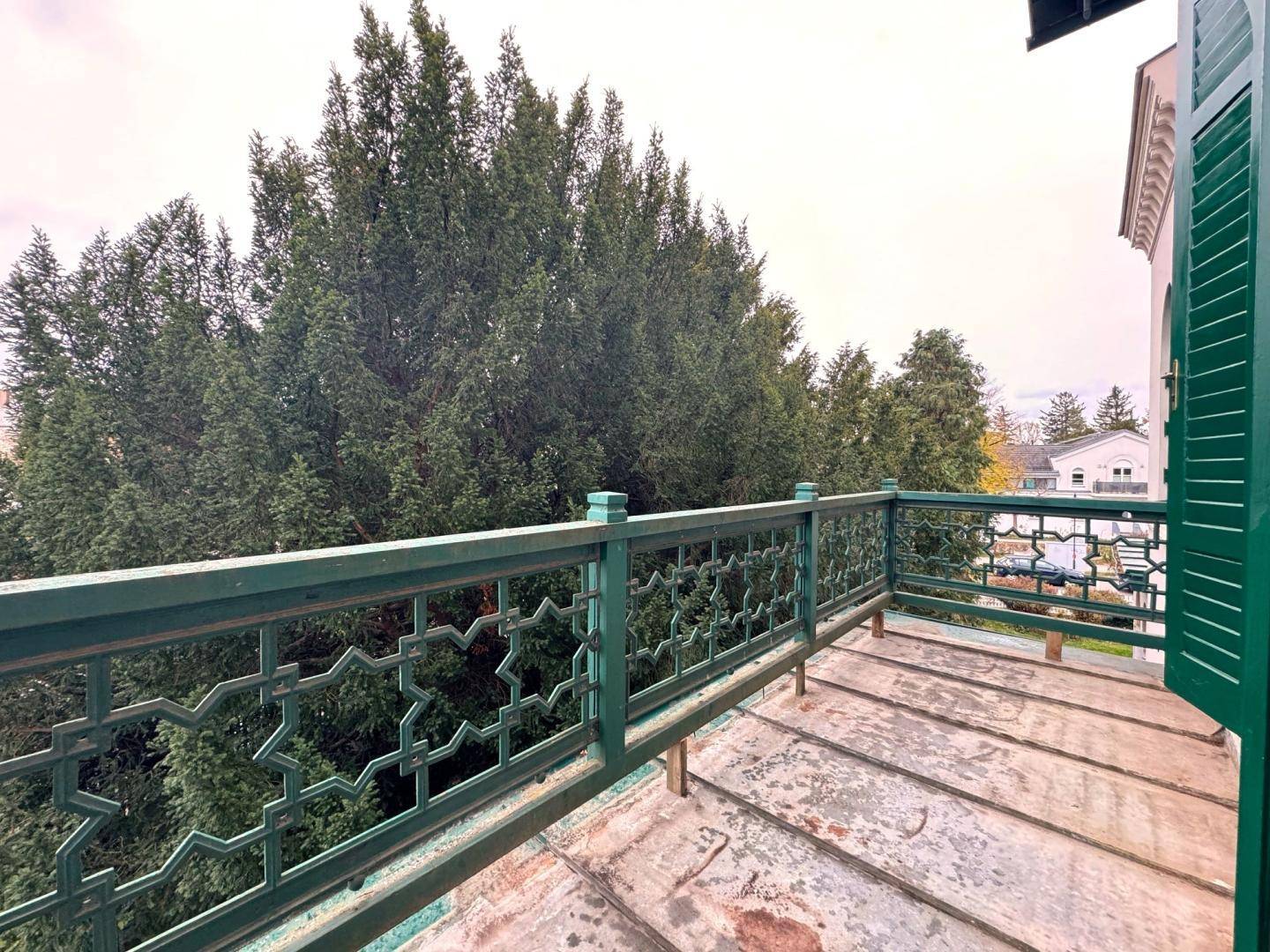 Balkon mit grüner Metallbrüstung und weitem Blick auf dichte, hohe Bäume und die umliegende Natur.