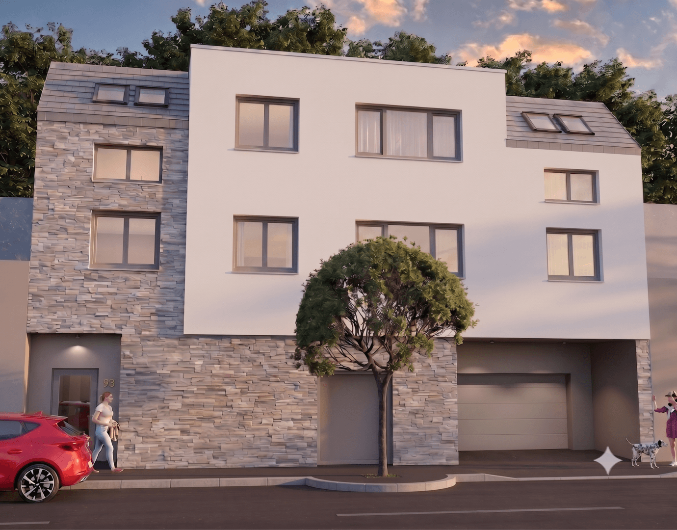 Moderne Gebäudefassade mit Steinfassade, großen Fenstern und integrierter Garage an der Straße.