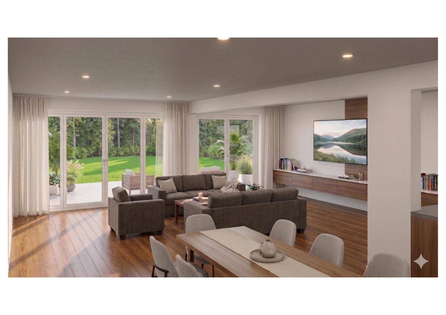 Geräumiger Wohn-Essbereich mit dunklen Sofas, Holzboden und Zugang zur Gartenterrasse.