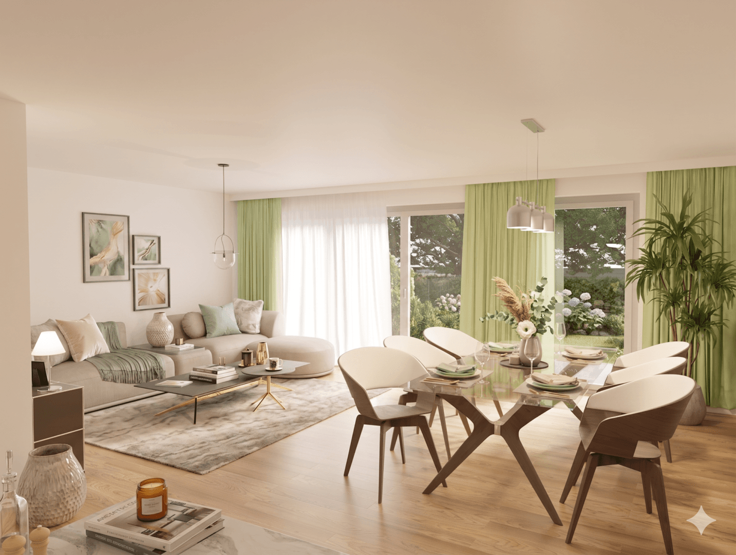 Heller, offener Wohn-Essbereich mit modernen Möbeln, Holzboden und Blick in den Garten.