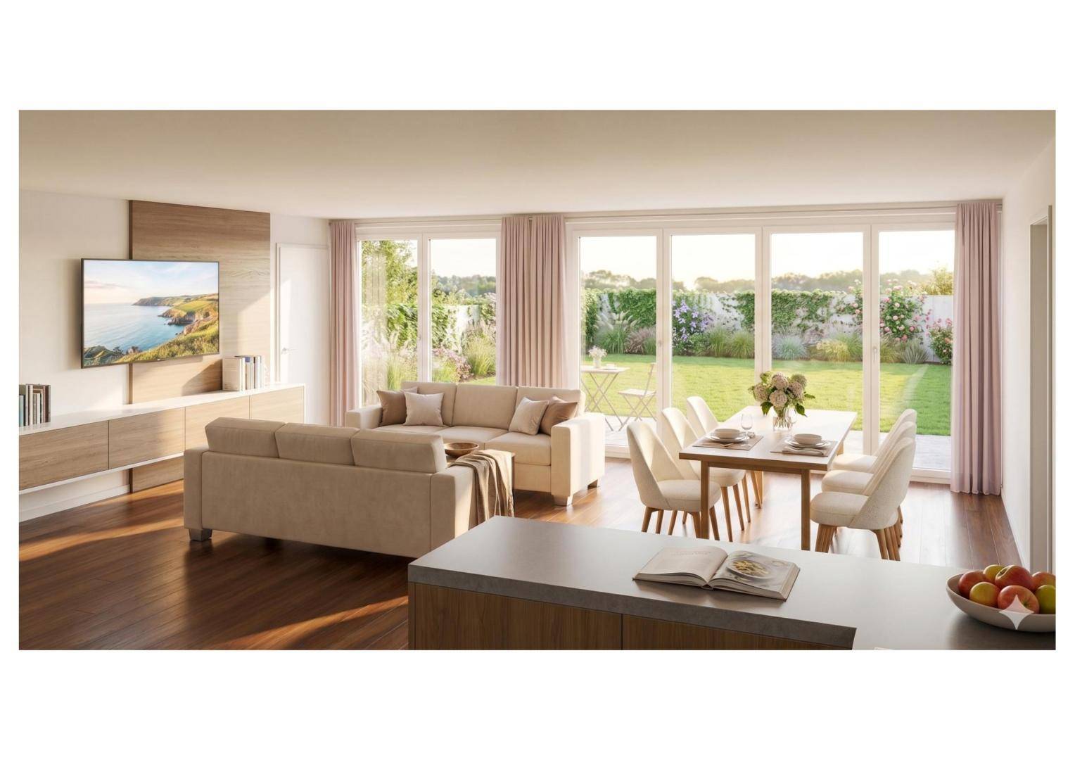 Moderner Wohn-Essbereich mit Kücheninsel, hellem Mobiliar und großzügigem Gartenblick.