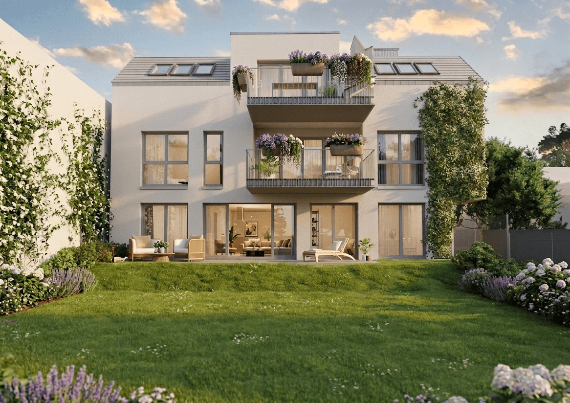 Moderne Gebäudefassade mit Balkonen, großen Fenstern und einem gepflegten Gartenbereich.