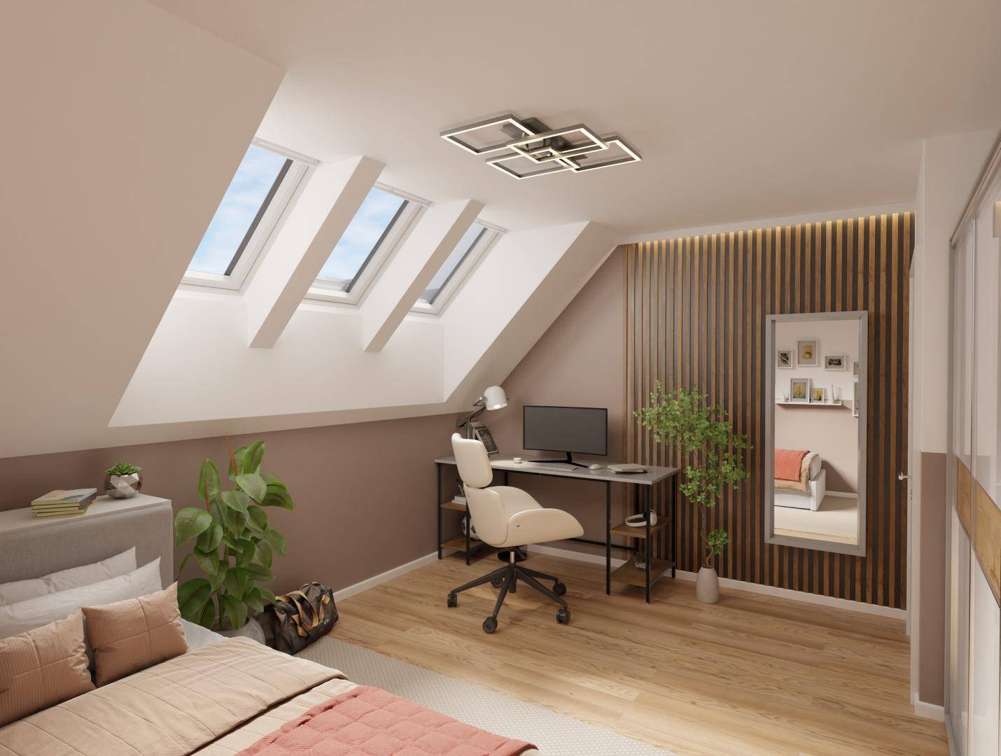 Geräumiges Schlafzimmer mit Arbeitsplatz, Holzboden und schrägen Wänden unter Dachfenstern.