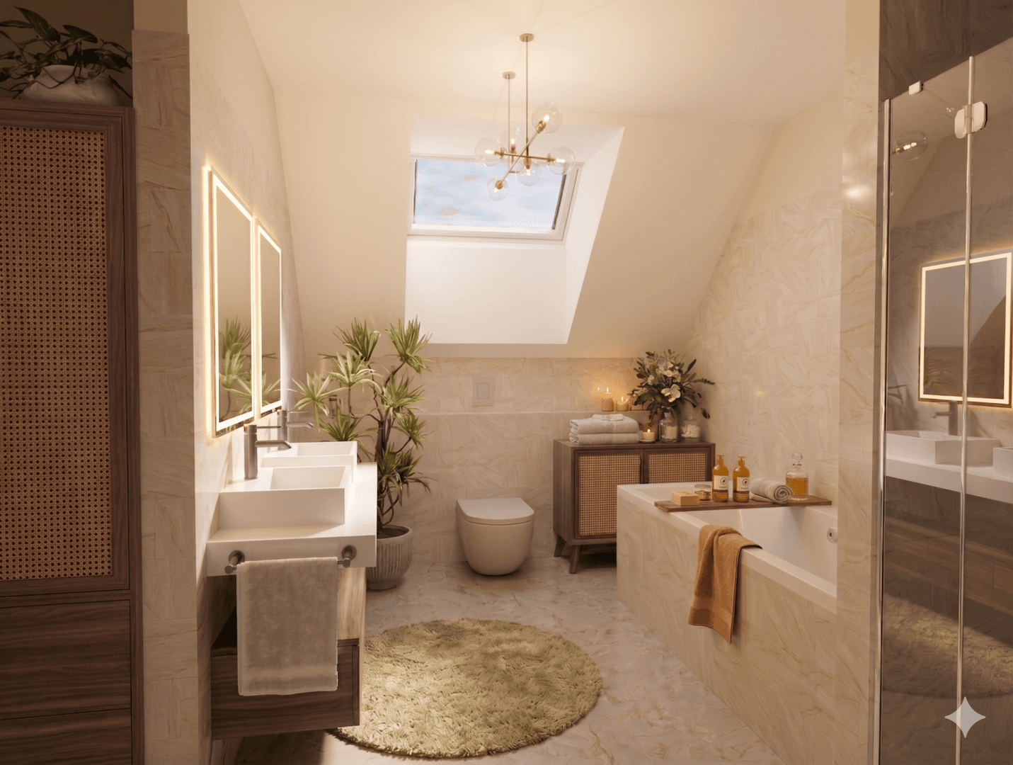 Modernes Badezimmer mit Doppelwaschbecken, Badewanne, Dusche und Dachfenster.