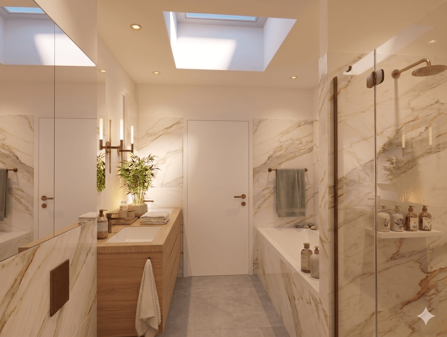 Luxuriöses Badezimmer mit Marmorfliesen, Badewanne, Dusche und großem Dachfenster.