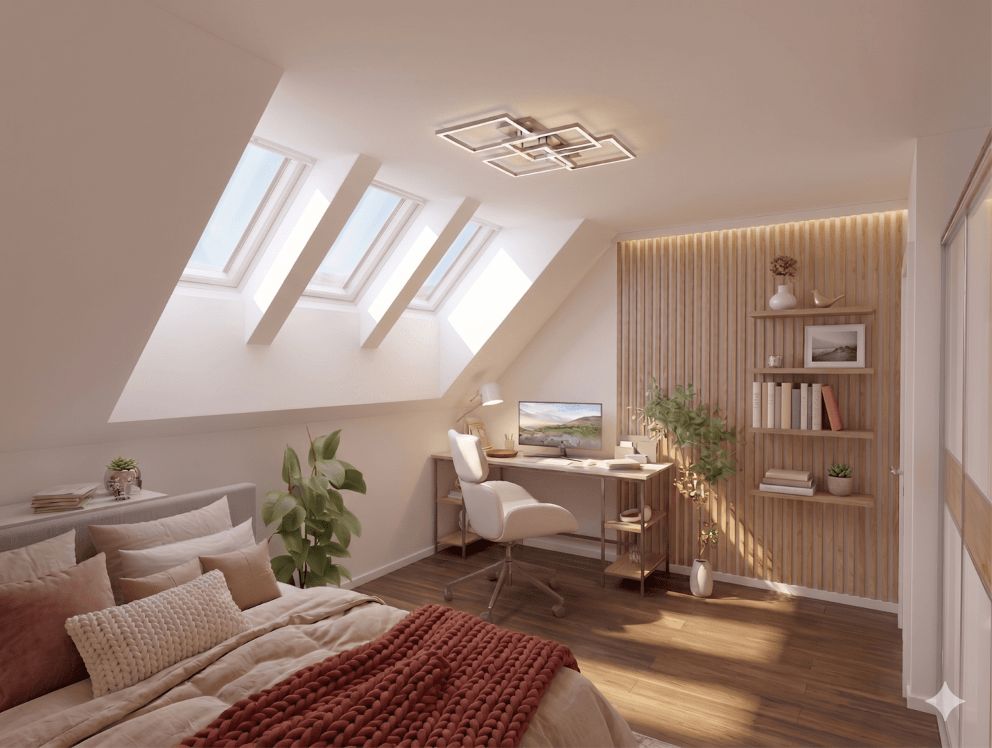 Gemütliches Schlafzimmer mit dunklem Holzboden, Arbeitsbereich und warmer Abendsonne durch Dachfenster.
