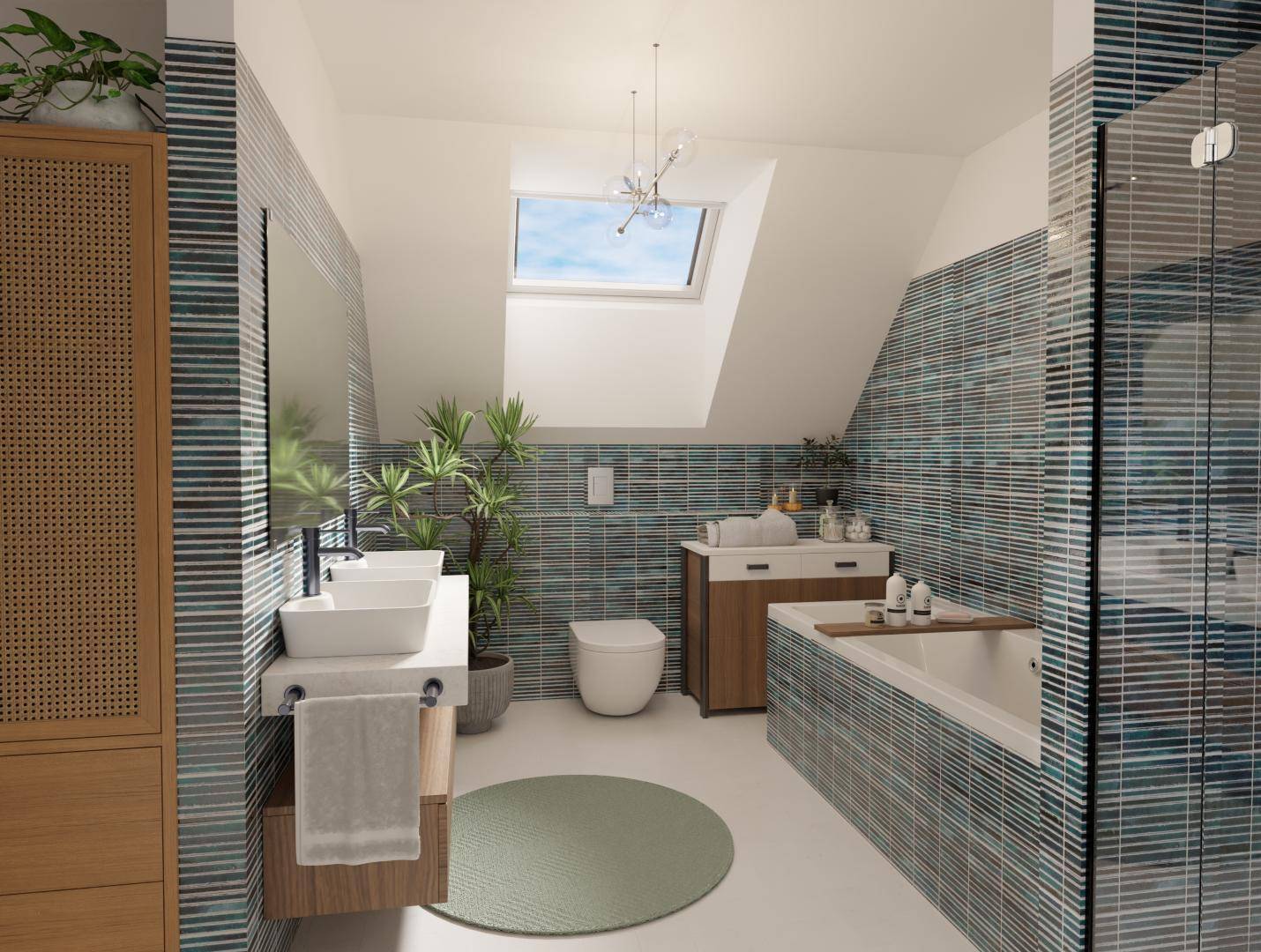 Modernes Badezimmer mit Doppelwaschbecken, Badewanne, Dusche und farbigen Fliesen.