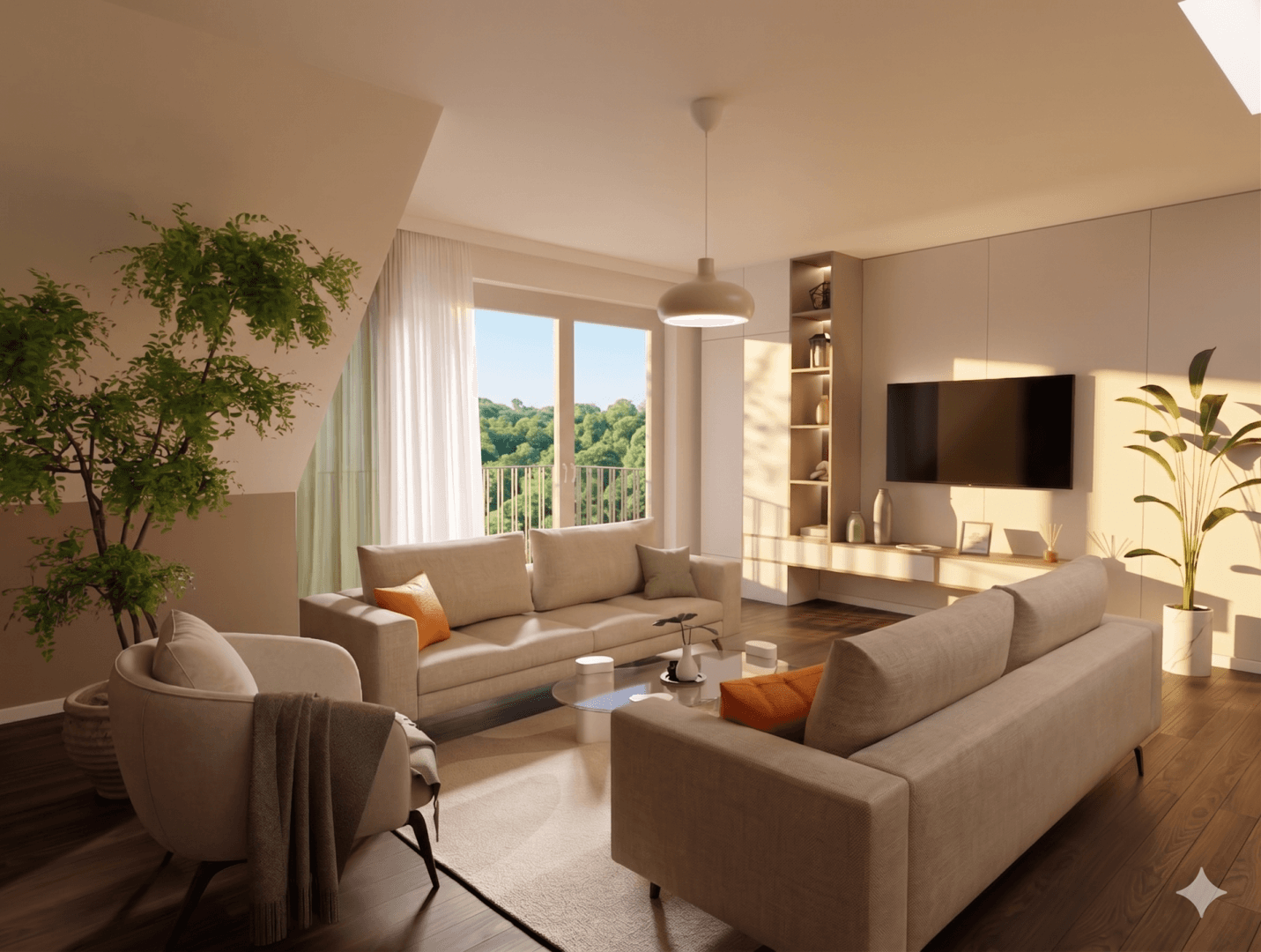 Gemütliches Wohnzimmer mit dunklem Holzboden, Balkonzugang und warmer Abendsonne.