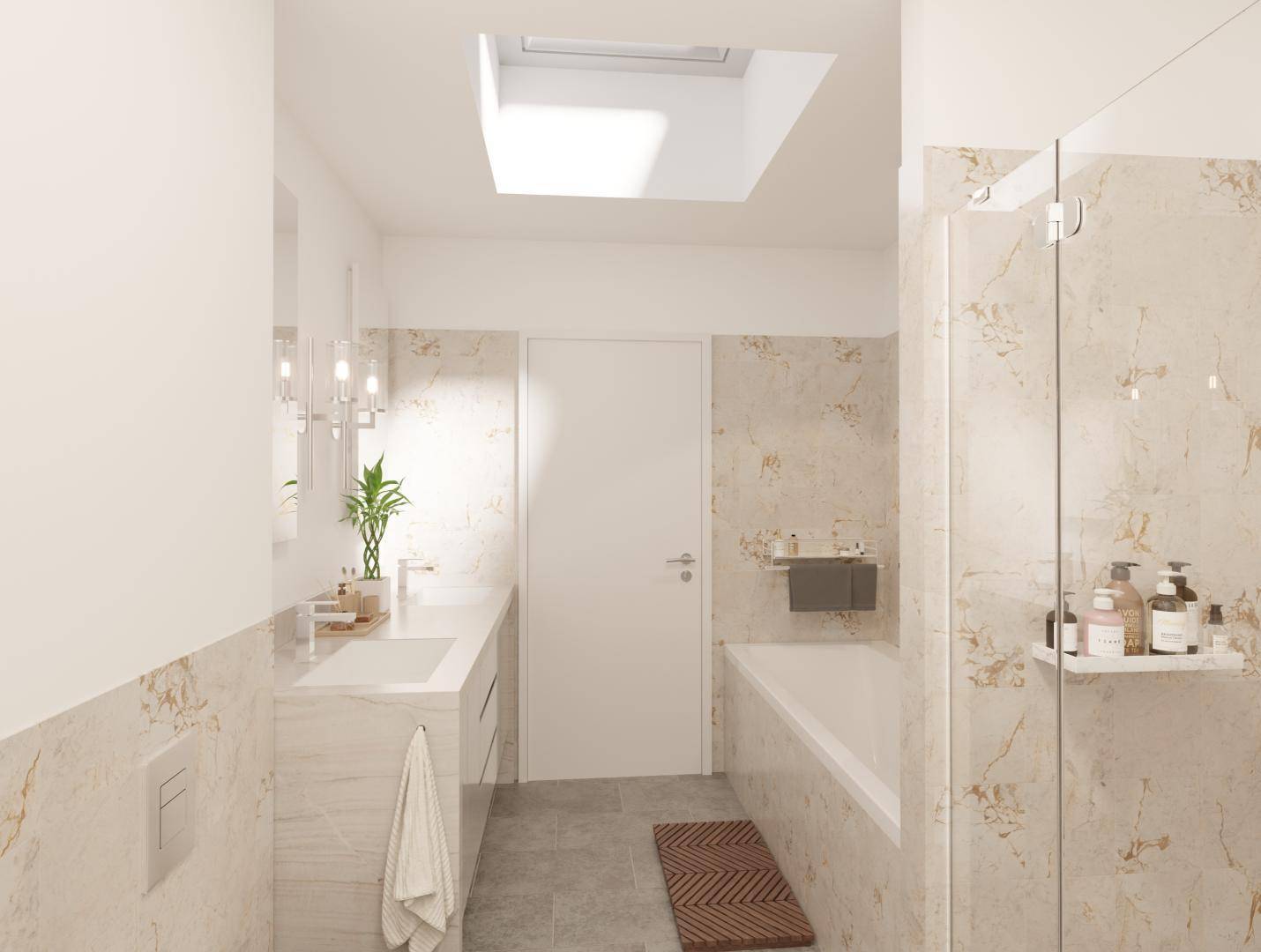 Elegantes Badezimmer mit Badewanne, Dusche, Einzelwaschbecken und Marmorfliesen.